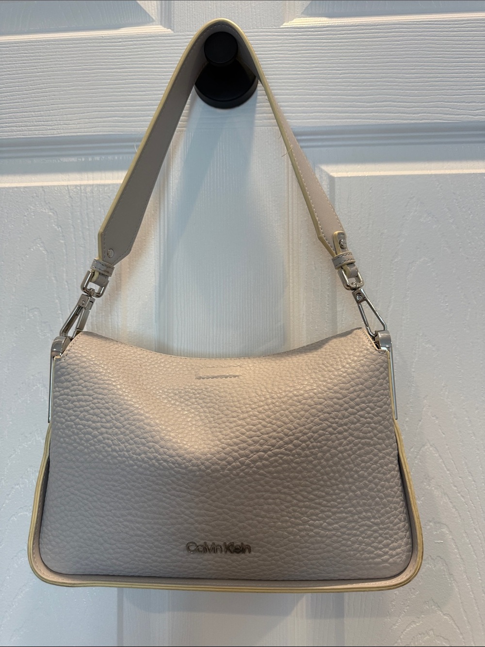 Calvin Klein Light Gray Faye Pebbled Leather Shoulder Bag with Magnetic Closure